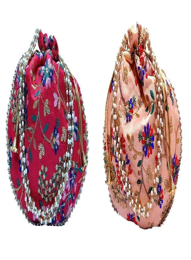 athizay Potli bag (Pack of 2 Potli) Red and Peach Multicolored Matka Designer handbags for Women wedding party and Return gift - Image 1